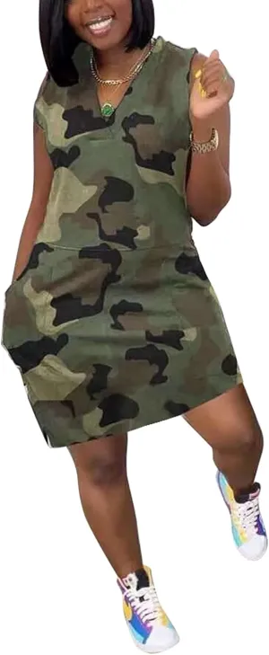 Vakkest Women's Camo Print Dress Jumpsuit Deep V Neck Sleeveless Tunic Mini Dress Plus Size with Pocket Clubwear