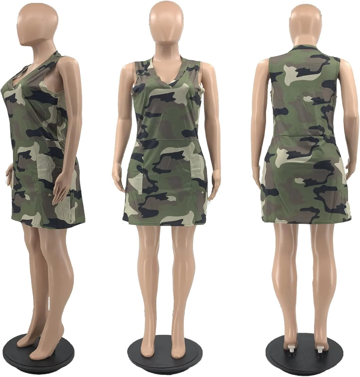 Vakkest Women's Camo Print Dress Jumpsuit Deep V Neck Sleeveless Tunic Mini Dress Plus Size with Pocket Clubwear