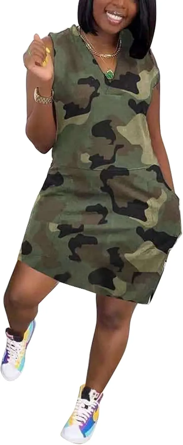 Vakkest Women's Camo Print Dress Jumpsuit Deep V Neck Sleeveless Tunic Mini Dress Plus Size with Pocket Clubwear