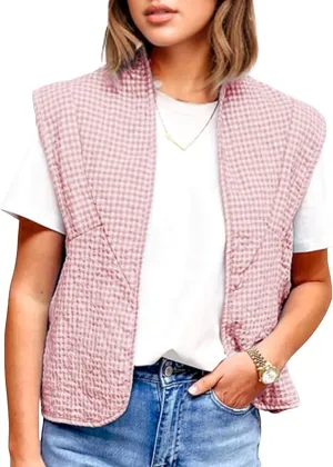 VAOYIU Womens Cropped Puffer Vest Lightweight Sleeveless Plaid Printed Cotton Quilted Vest Outwear