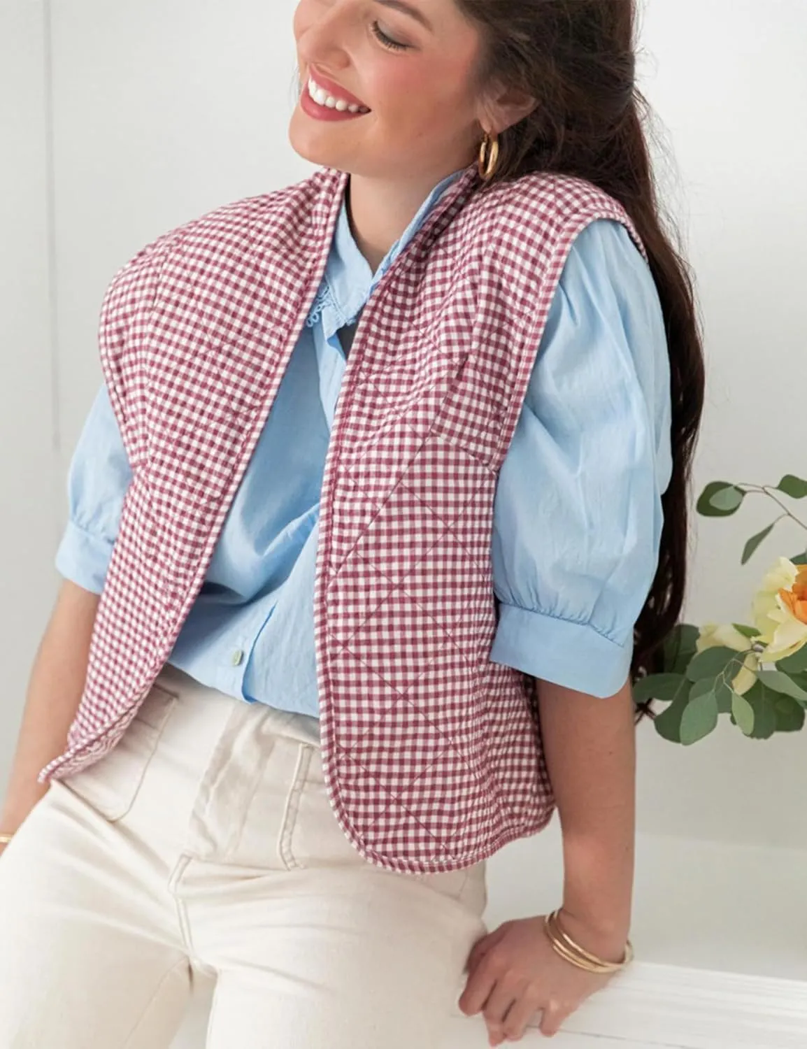 VAOYIU Womens Cropped Puffer Vest Lightweight Sleeveless Plaid Printed Cotton Quilted Vest Outwear