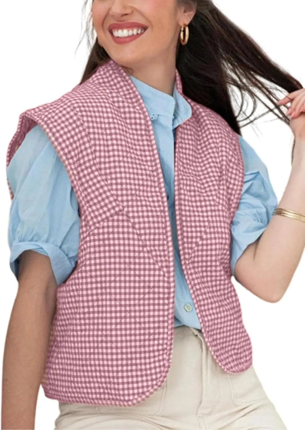 VAOYIU Womens Cropped Puffer Vest Lightweight Sleeveless Plaid Printed Cotton Quilted Vest Outwear