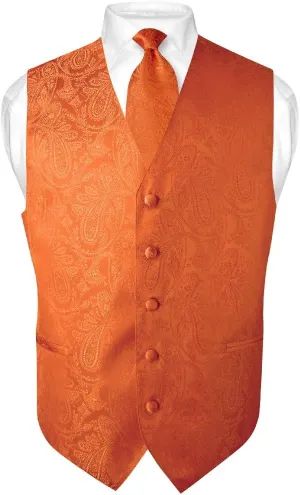 Vesuvio Napoli Men's Paisley Design Dress Vest & NeckTie GOLD Color Neck Tie Set for Suit Tux