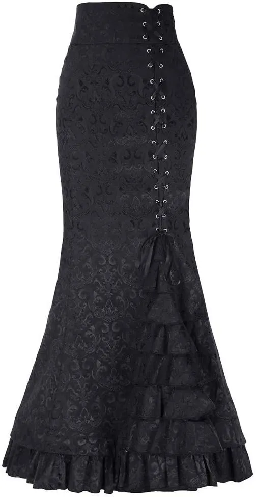 Victorian Pencil Skirt for Women Vintage Steampunk Lace up Tiered Ruffle Maxi Skirts High Waisted Long Mermaid Fishtail Skirt