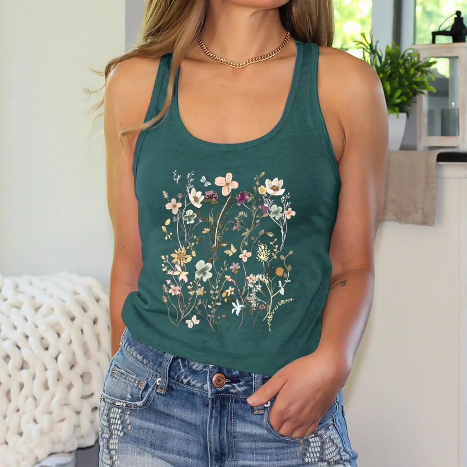 Vintage Floral Flower Tank Tops for Women Boho Wildflowers Graphic Tees Botanical Vest Casual Sleeveless Shirts Tops