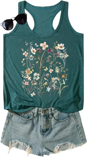 Vintage Floral Flower Tank Tops for Women Boho Wildflowers Graphic Tees Botanical Vest Casual Sleeveless Shirts Tops