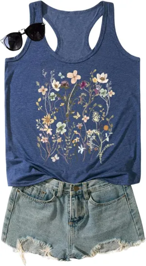 Vintage Floral Flower Tank Tops for Women Boho Wildflowers Graphic Tees Botanical Vest Casual Sleeveless Shirts Tops