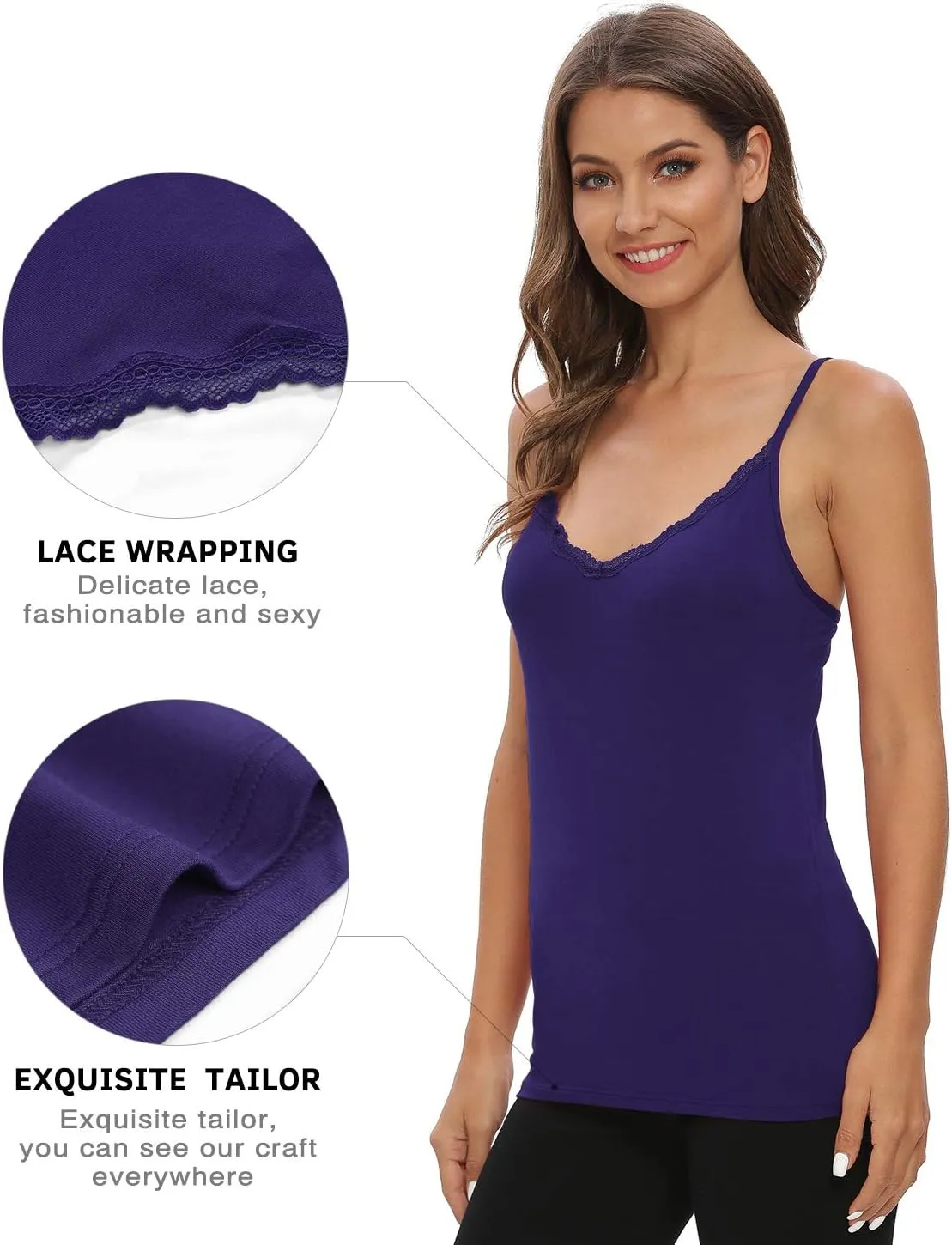 Vislivin Plain Camisole for Women Lace Tank Tops V Neck Adjustable Cami Sexy Undershirts 4 Pack