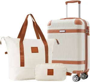 VOXIV 3 Pieces Softside Luggage Set,Expandable Travel Suitcase Set,Lock Spinner Wheels,Lightweight Carry On Hardside Travel Luggage Set,White