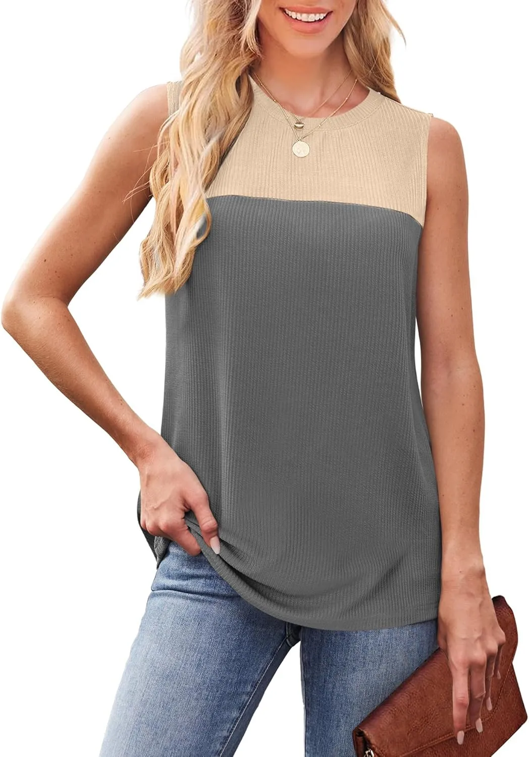 WIHOLL Tank Top for Women Casual Knitted Summer Sleeveless Tops Crewneck Spring Color Block Shirts Fashion 2025