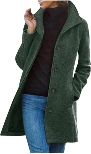 Winter Pea Coat for Women Dressy Single Breasted Long Trench Coat Casual Stand Collar Thicken Warm Overcoat
