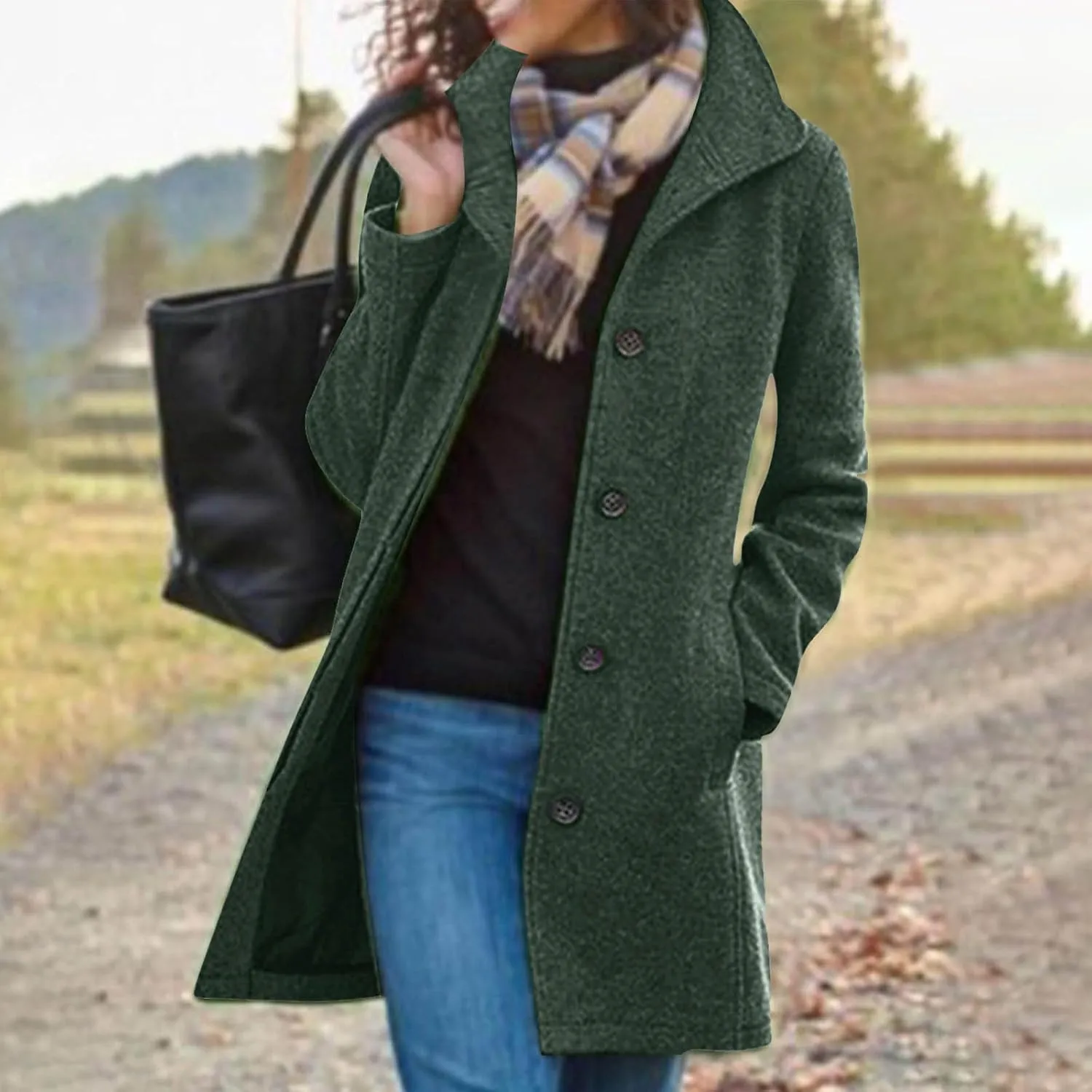 Winter Pea Coat for Women Dressy Single Breasted Long Trench Coat Casual Stand Collar Thicken Warm Overcoat