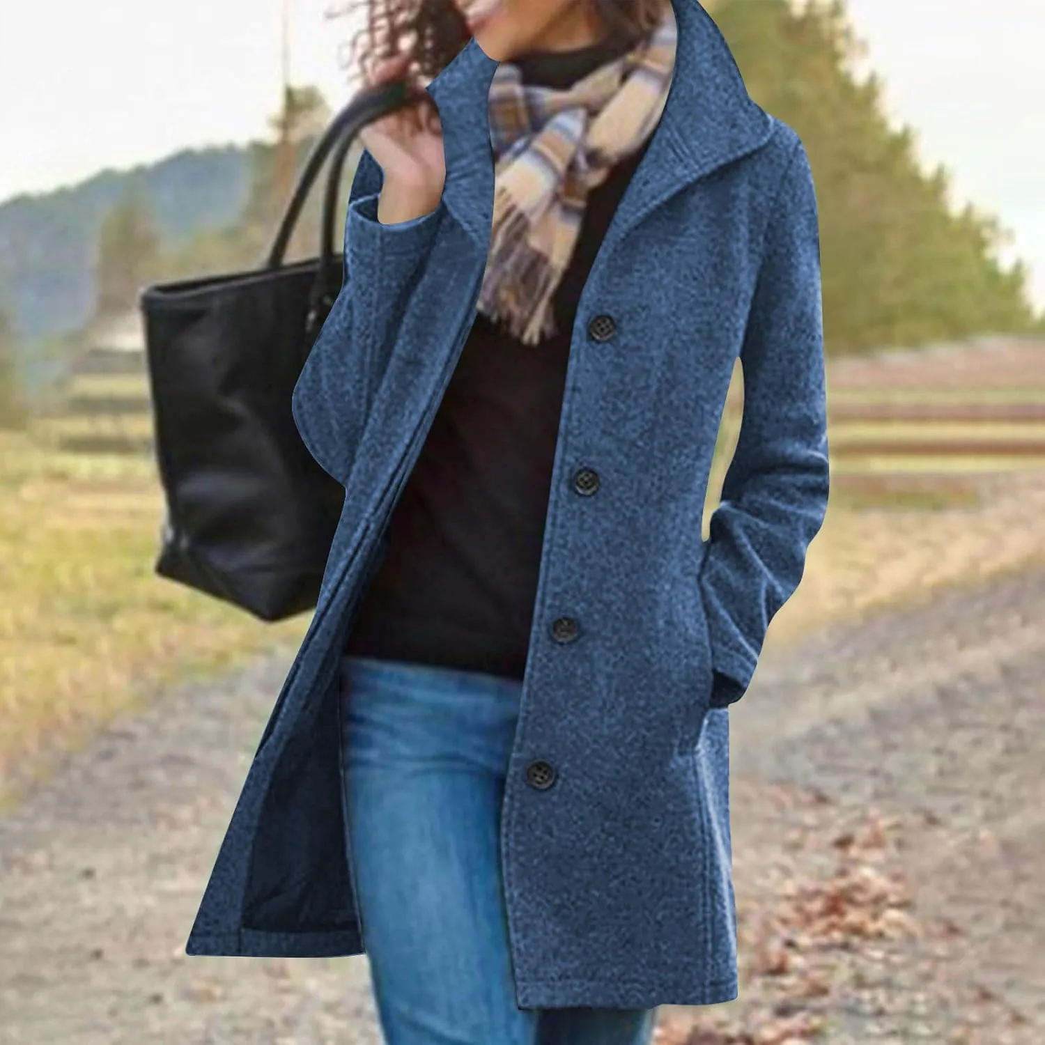Winter Pea Coat for Women Dressy Single Breasted Long Trench Coat Casual Stand Collar Thicken Warm Overcoat