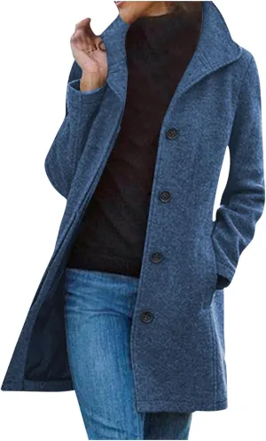 Winter Pea Coat for Women Dressy Single Breasted Long Trench Coat Casual Stand Collar Thicken Warm Overcoat