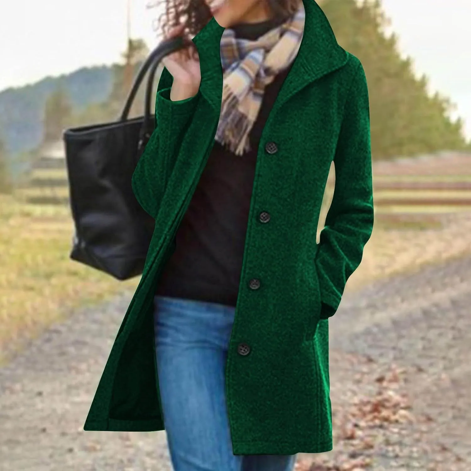 Winter Pea Coat for Women Dressy Single Breasted Long Trench Coat Casual Stand Collar Thicken Warm Overcoat