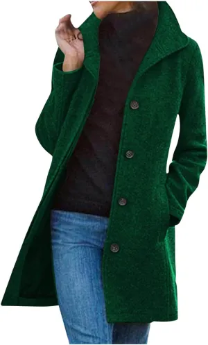 Winter Pea Coat for Women Dressy Single Breasted Long Trench Coat Casual Stand Collar Thicken Warm Overcoat