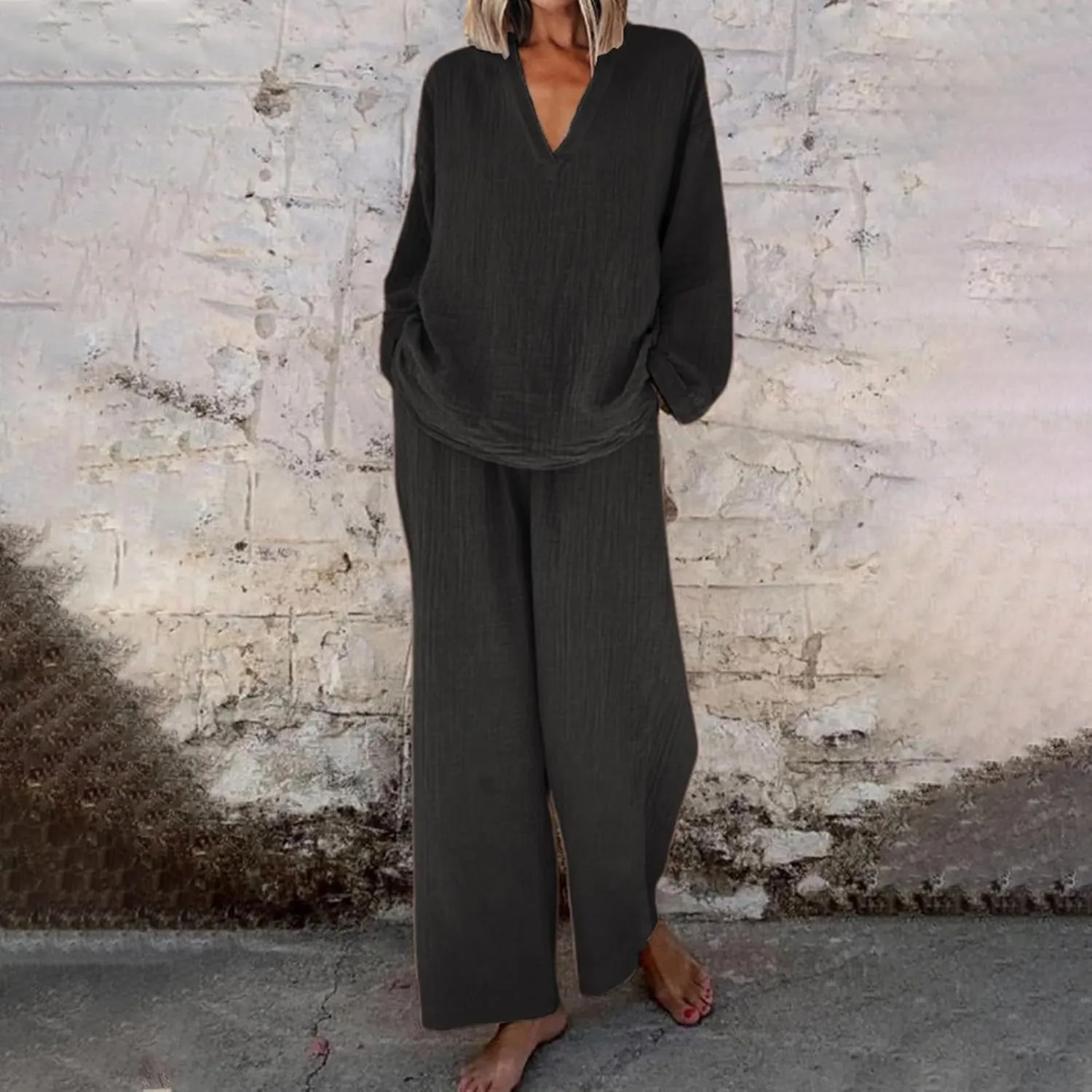 Women 2 Piece Linen Sets 2024 Long Sleeve Shirt Drawstring Wide Leg Pants Set Summer Outfits Linen Pant Suits Women