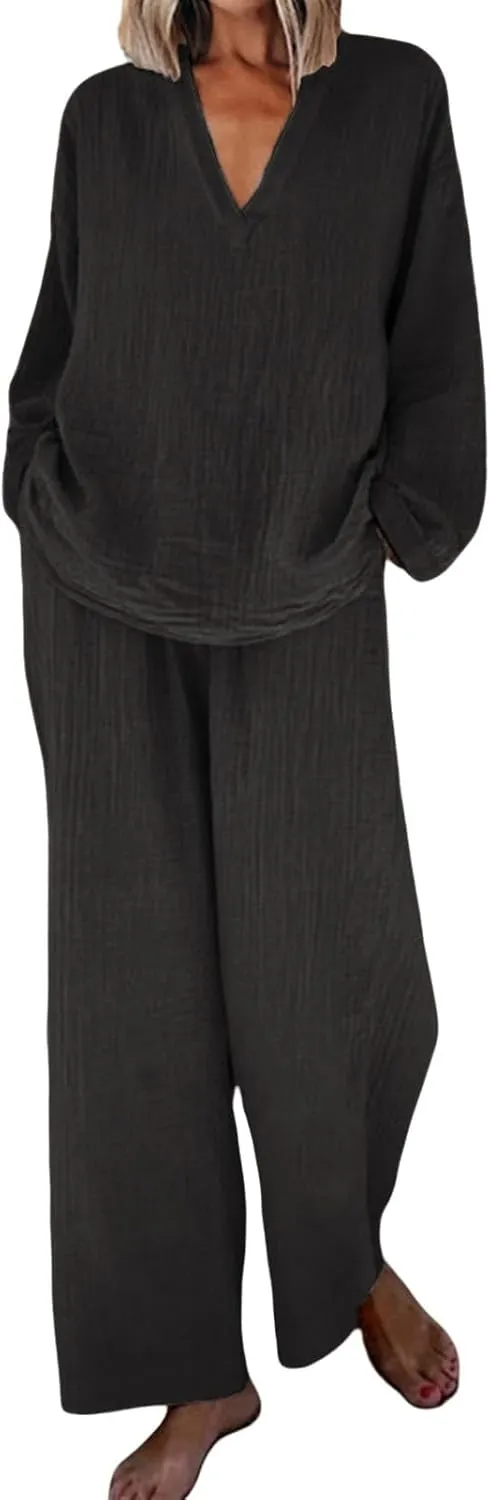 Women 2 Piece Linen Sets 2024 Long Sleeve Shirt Drawstring Wide Leg Pants Set Summer Outfits Linen Pant Suits Women