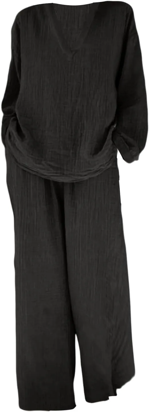 Women 2 Piece Linen Sets 2024 Long Sleeve Shirt Drawstring Wide Leg Pants Set Summer Outfits Linen Pant Suits Women