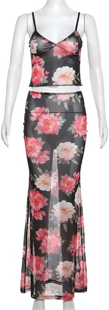 Women 2 Piece Maxi Skirt Set Y2K Floral Print Lace Up Sleeveless Tank Top and Long Skirt Boho Summer Outfits