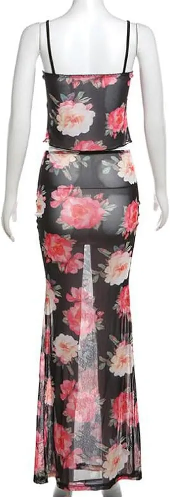 Women 2 Piece Maxi Skirt Set Y2K Floral Print Lace Up Sleeveless Tank Top and Long Skirt Boho Summer Outfits