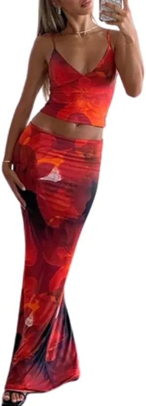 Women 2 Piece Maxi Skirt Set Y2K Floral Print Lace Up Sleeveless Tank Top and Long Skirt Boho Summer Outfits
