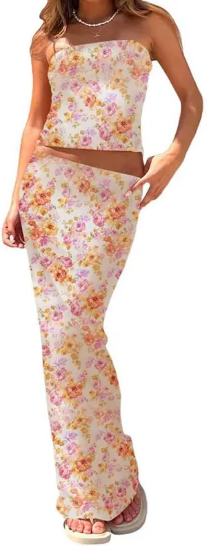 Women 2 Piece Maxi Skirt Set Y2K Floral Print Lace Up Sleeveless Tank Top and Long Skirt Boho Summer Outfits