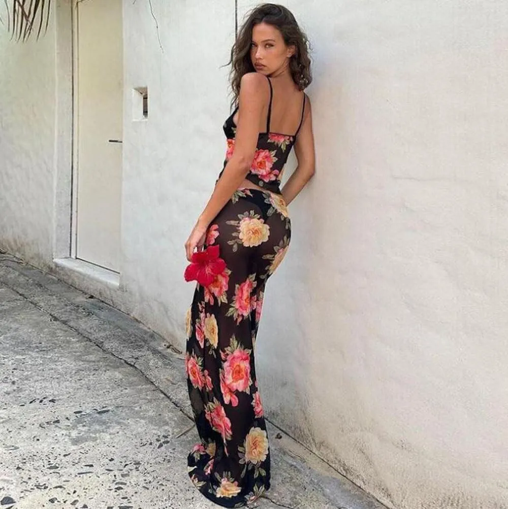 Women 2 Piece Maxi Skirt Set Y2K Floral Print Lace Up Sleeveless Tank Top and Long Skirt Boho Summer Outfits