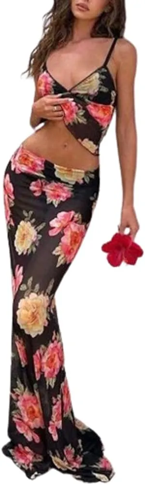 Women 2 Piece Maxi Skirt Set Y2K Floral Print Lace Up Sleeveless Tank Top and Long Skirt Boho Summer Outfits
