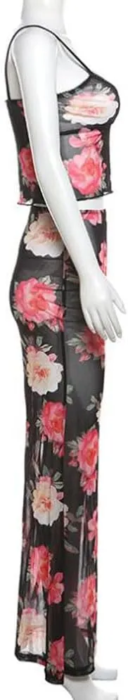 Women 2 Piece Maxi Skirt Set Y2K Floral Print Lace Up Sleeveless Tank Top and Long Skirt Boho Summer Outfits