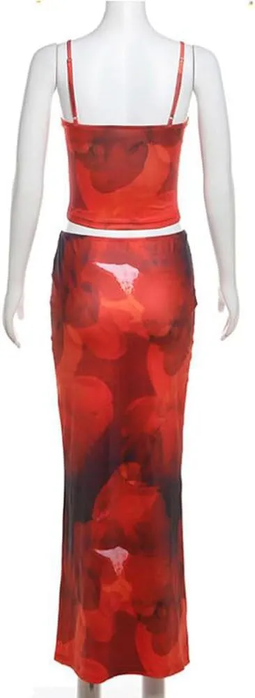 Women 2 Piece Maxi Skirt Set Y2K Floral Print Lace Up Sleeveless Tank Top and Long Skirt Boho Summer Outfits