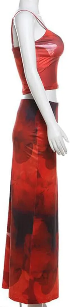 Women 2 Piece Maxi Skirt Set Y2K Floral Print Lace Up Sleeveless Tank Top and Long Skirt Boho Summer Outfits