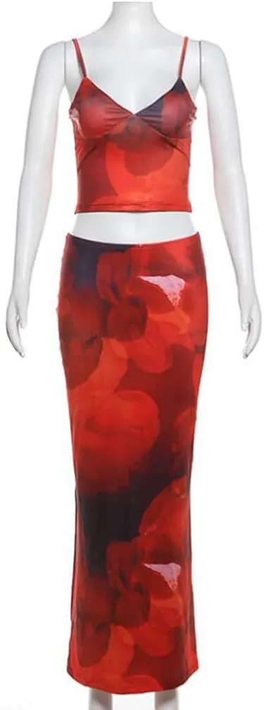Women 2 Piece Maxi Skirt Set Y2K Floral Print Lace Up Sleeveless Tank Top and Long Skirt Boho Summer Outfits