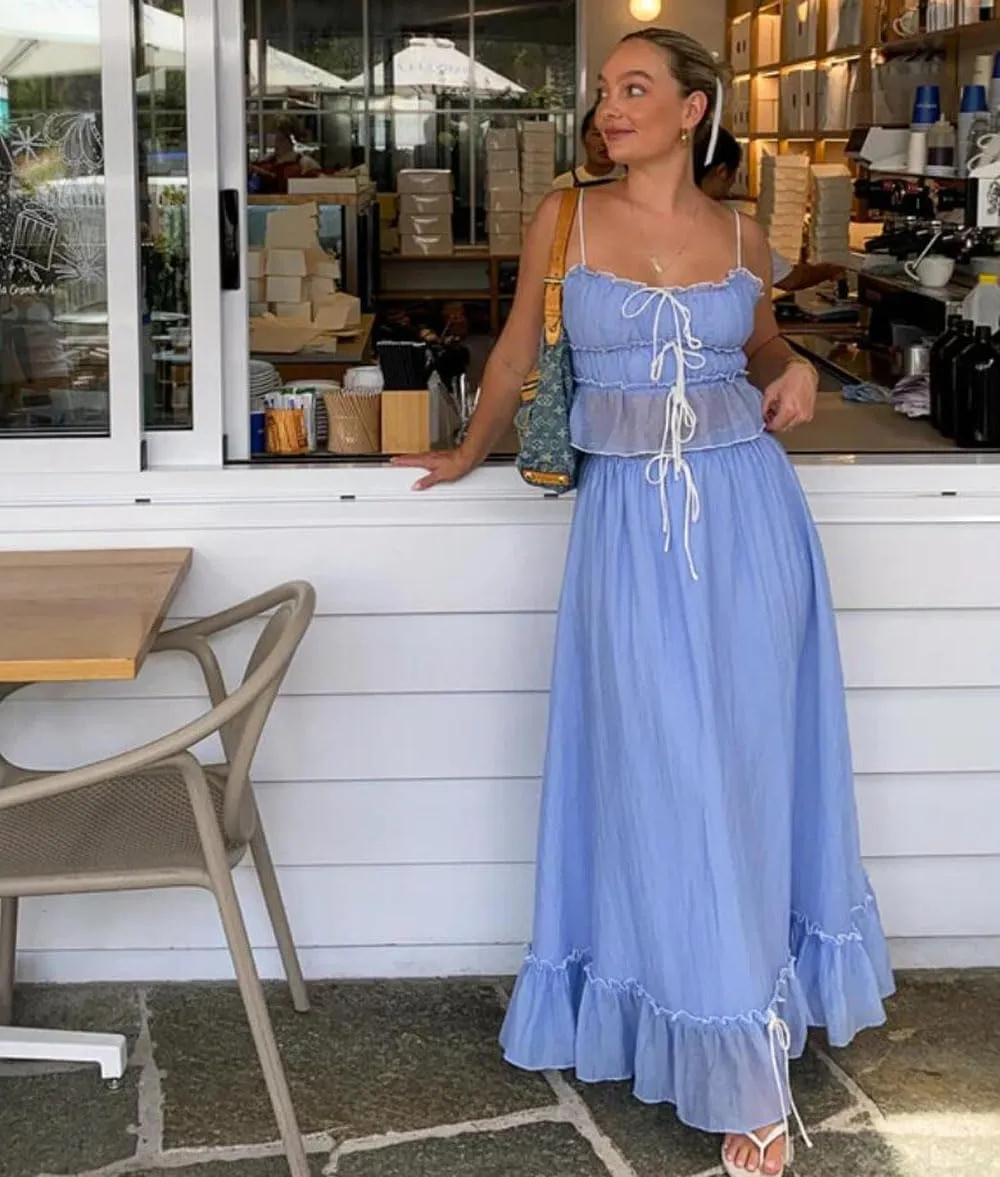 Women 2 Piece Maxi Skirt Set Y2K Floral Print Lace Up Sleeveless Tank Top and Long Skirt Boho Summer Outfits