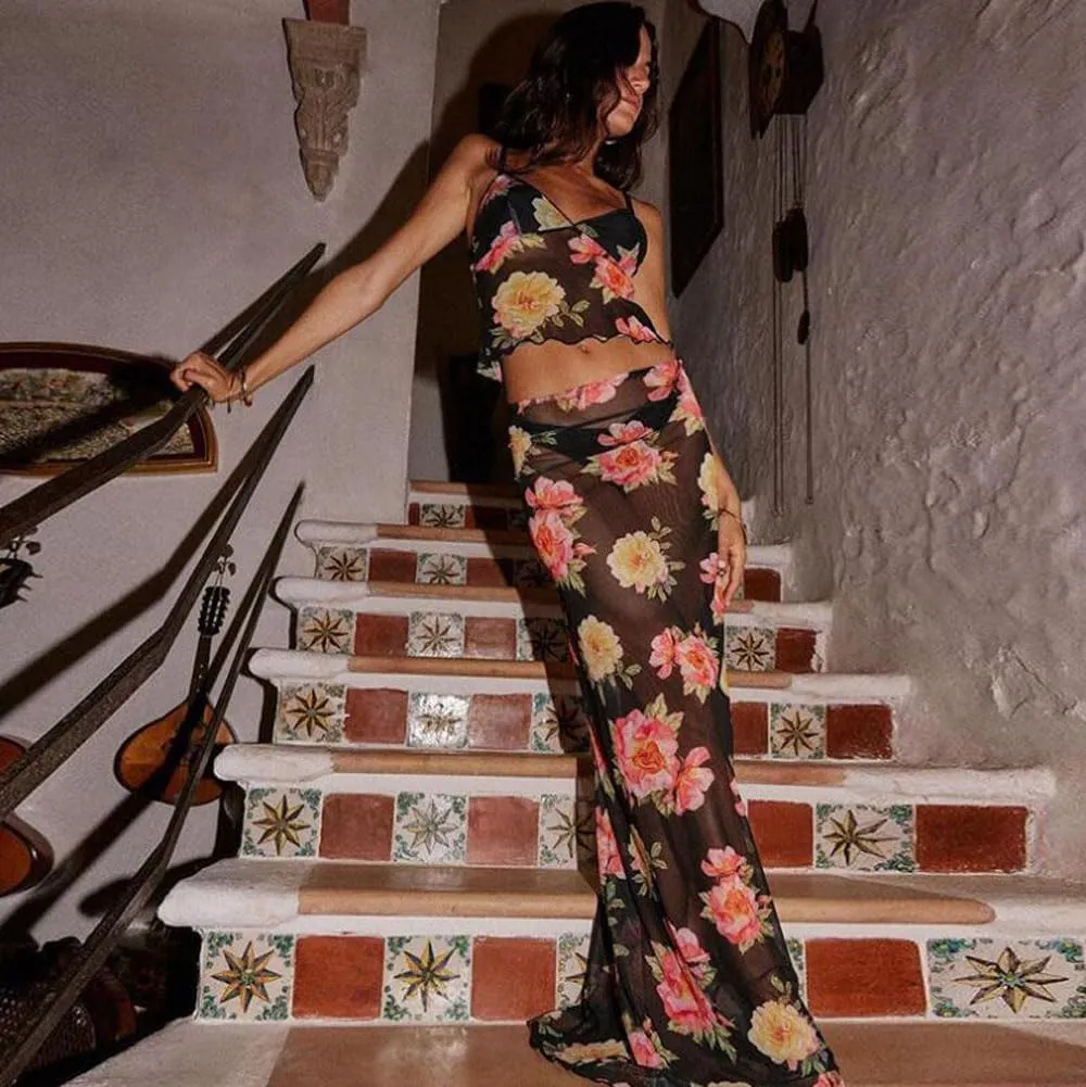 Women 2 Piece Maxi Skirt Set Y2K Floral Print Lace Up Sleeveless Tank Top and Long Skirt Boho Summer Outfits