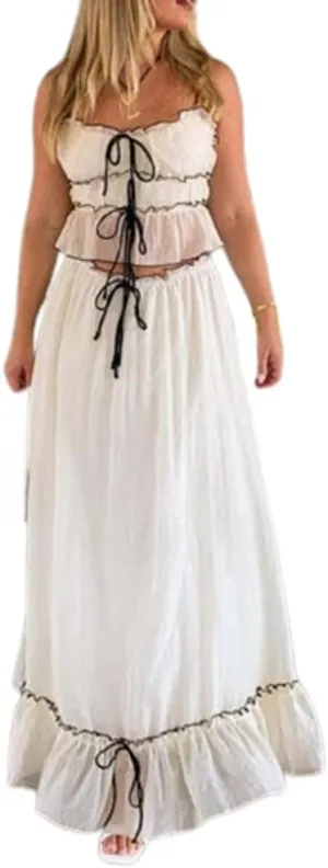 Women 2 Piece Maxi Skirt Set Y2K Floral Print Lace Up Sleeveless Tank Top and Long Skirt Boho Summer Outfits