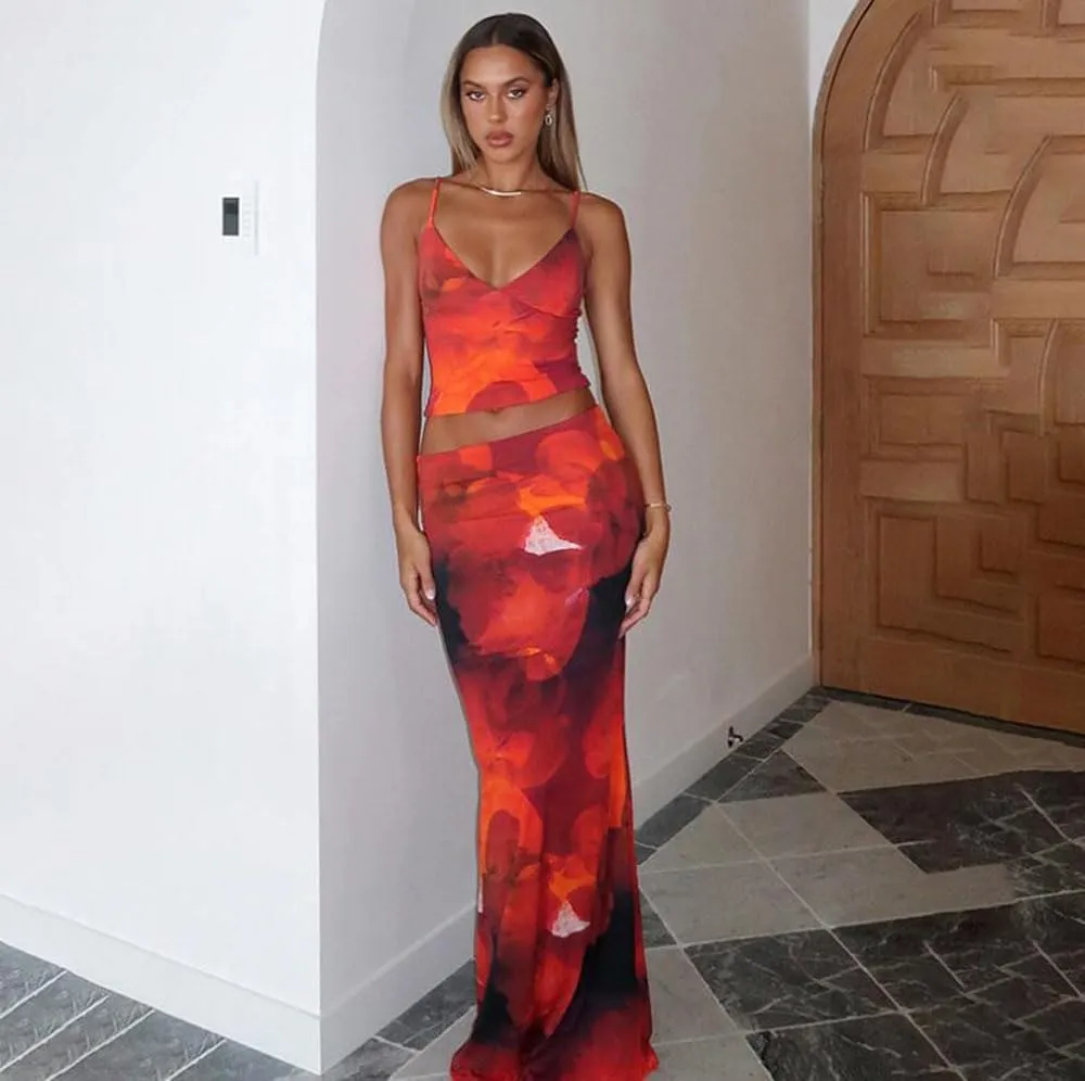 Women 2 Piece Maxi Skirt Set Y2K Floral Print Lace Up Sleeveless Tank Top and Long Skirt Boho Summer Outfits