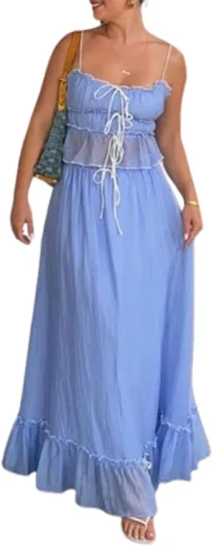 Women 2 Piece Maxi Skirt Set Y2K Floral Print Lace Up Sleeveless Tank Top and Long Skirt Boho Summer Outfits
