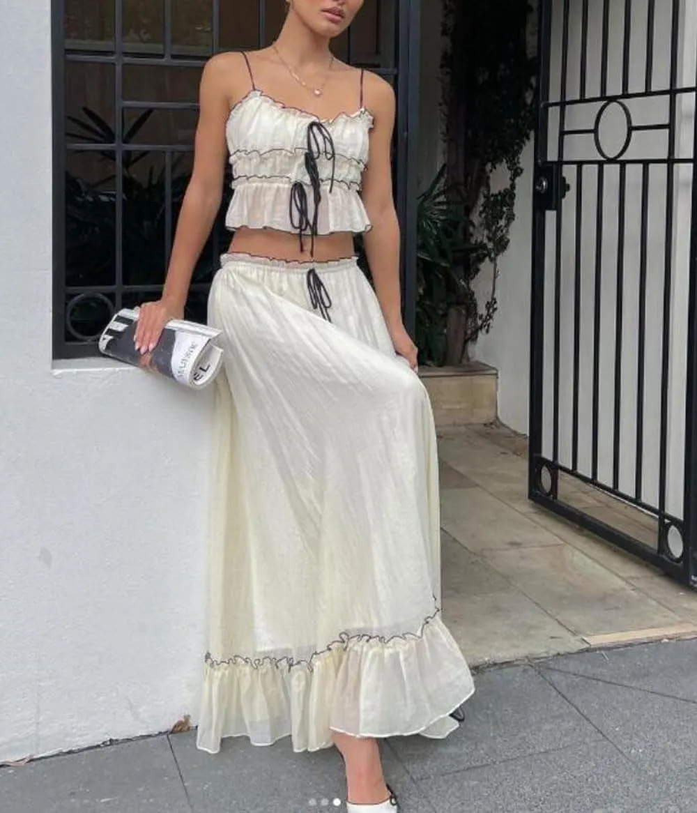 Women 2 Piece Maxi Skirt Set Y2K Floral Print Lace Up Sleeveless Tank Top and Long Skirt Boho Summer Outfits