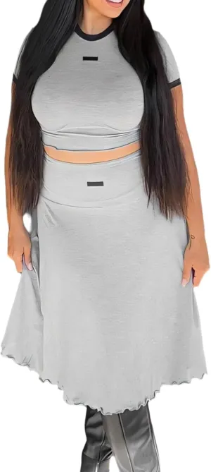 Women 2 Piece Outfits T-shirt Round Neck High Waist Long Skirts Top Skirt Set Slim Fit Two Piece Sets for Women