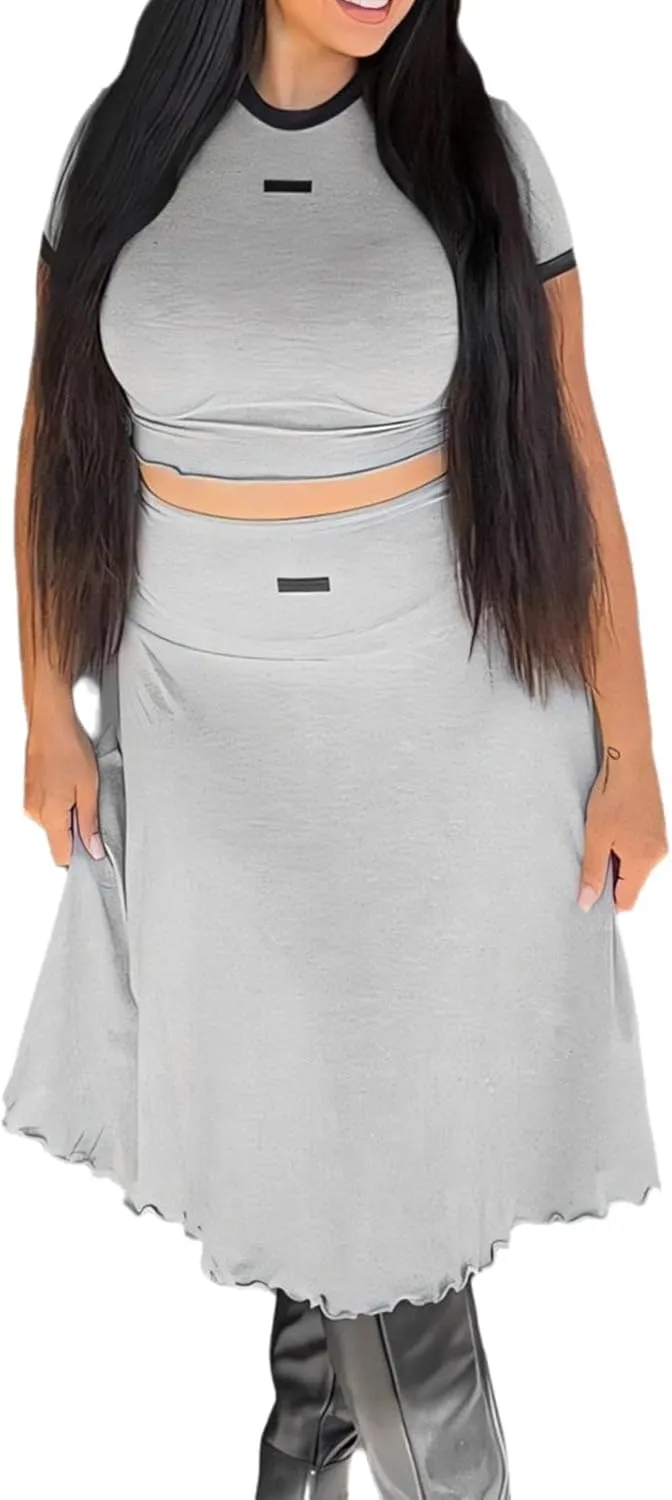 Women 2 Piece Outfits T-shirt Round Neck High Waist Long Skirts Top Skirt Set Slim Fit Two Piece Sets for Women
