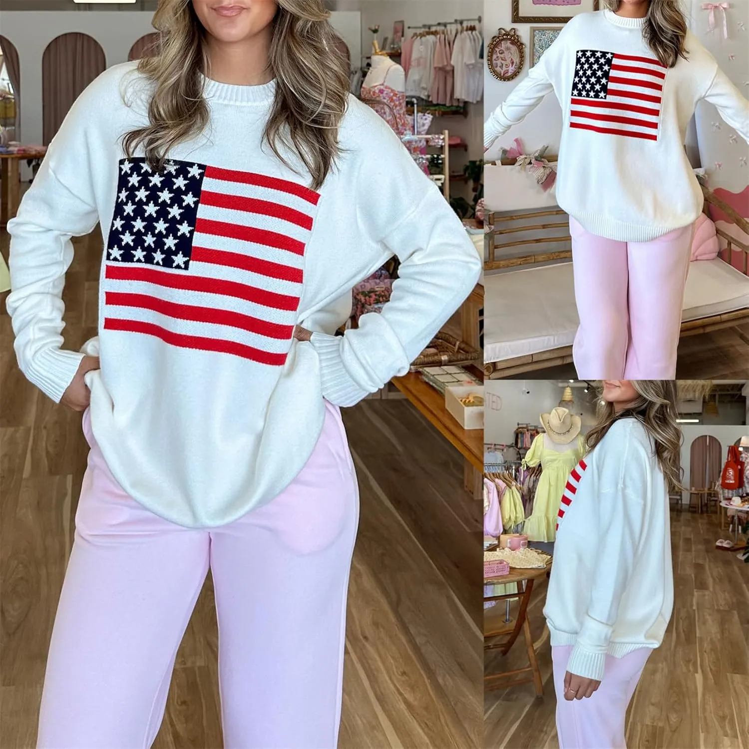 Women American Flag Patriotic Sweater Loose Fit Crew Neck Long Sleeve Pullover Knit Top 4th of July 2025 USA Knitwear