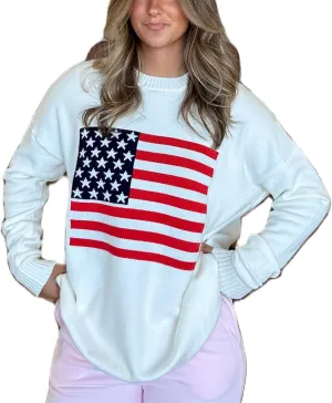 Women American Flag Patriotic Sweater Loose Fit Crew Neck Long Sleeve Pullover Knit Top 4th of July 2025 USA Knitwear