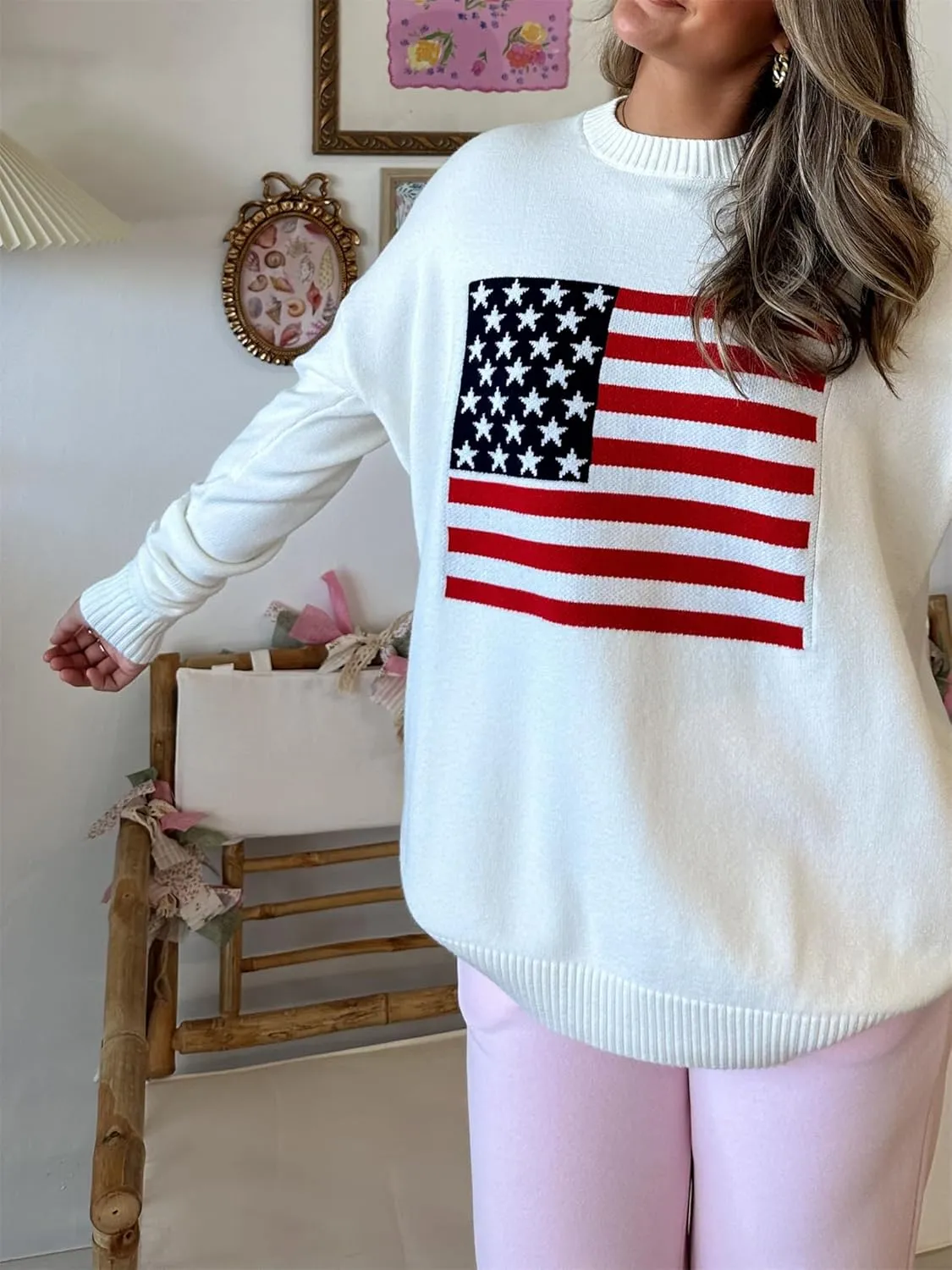Women American Flag Patriotic Sweater Loose Fit Crew Neck Long Sleeve Pullover Knit Top 4th of July 2025 USA Knitwear