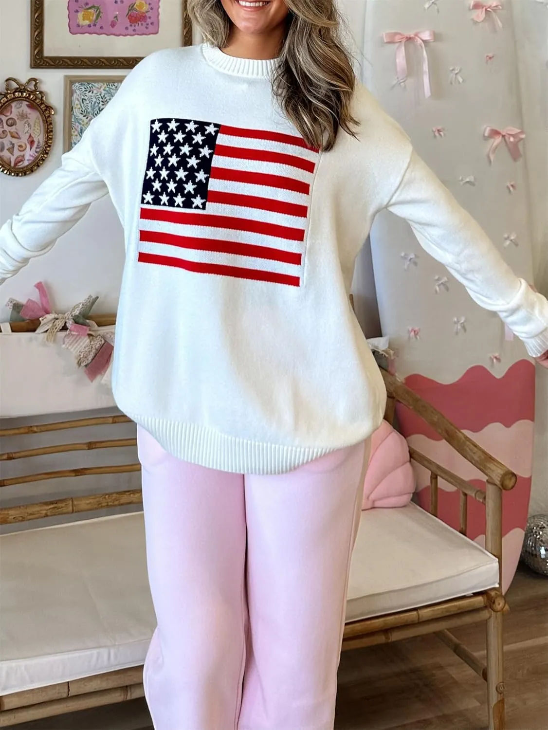 Women American Flag Patriotic Sweater Loose Fit Crew Neck Long Sleeve Pullover Knit Top 4th of July 2025 USA Knitwear