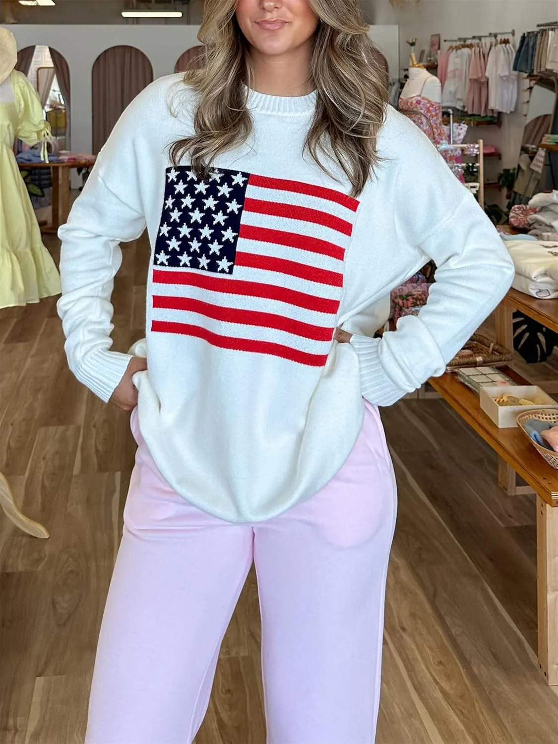 Women American Flag Patriotic Sweater Loose Fit Crew Neck Long Sleeve Pullover Knit Top 4th of July 2025 USA Knitwear