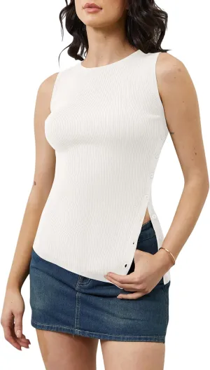 Women Asymmetrical Button Down Side Split Sweater Tank Top Sleeveless Boat Neck Solid Slim Side-Button Rib Knit Vest