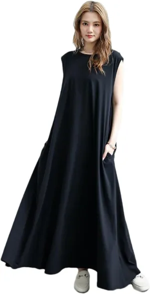 Women Black Korean Over-The-Knee Dress Short Sleeve Loose Plus Size Long Skirt Bring Pockets