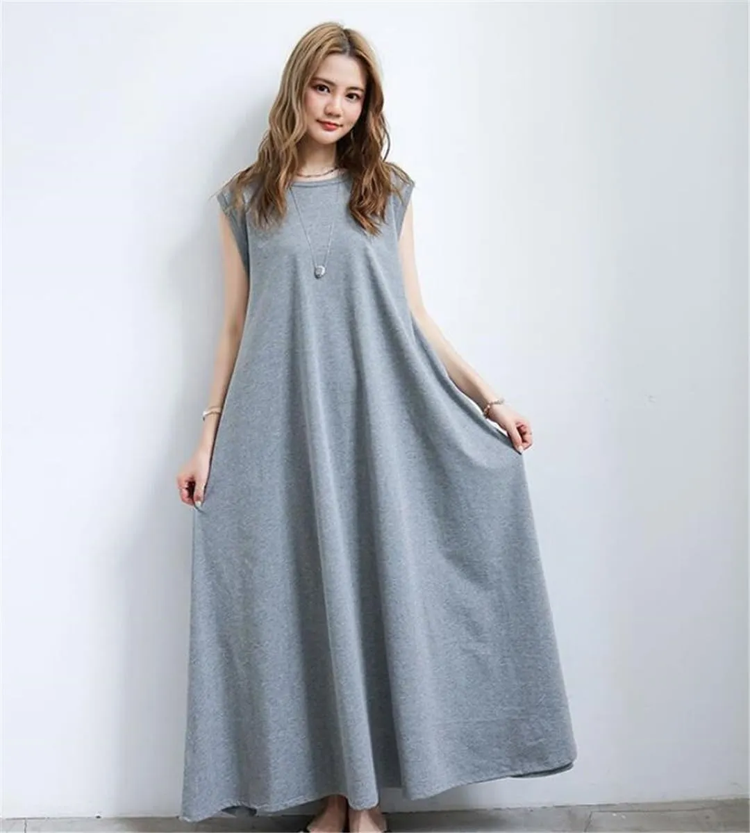Women Black Korean Over-The-Knee Dress Short Sleeve Loose Plus Size Long Skirt Bring Pockets