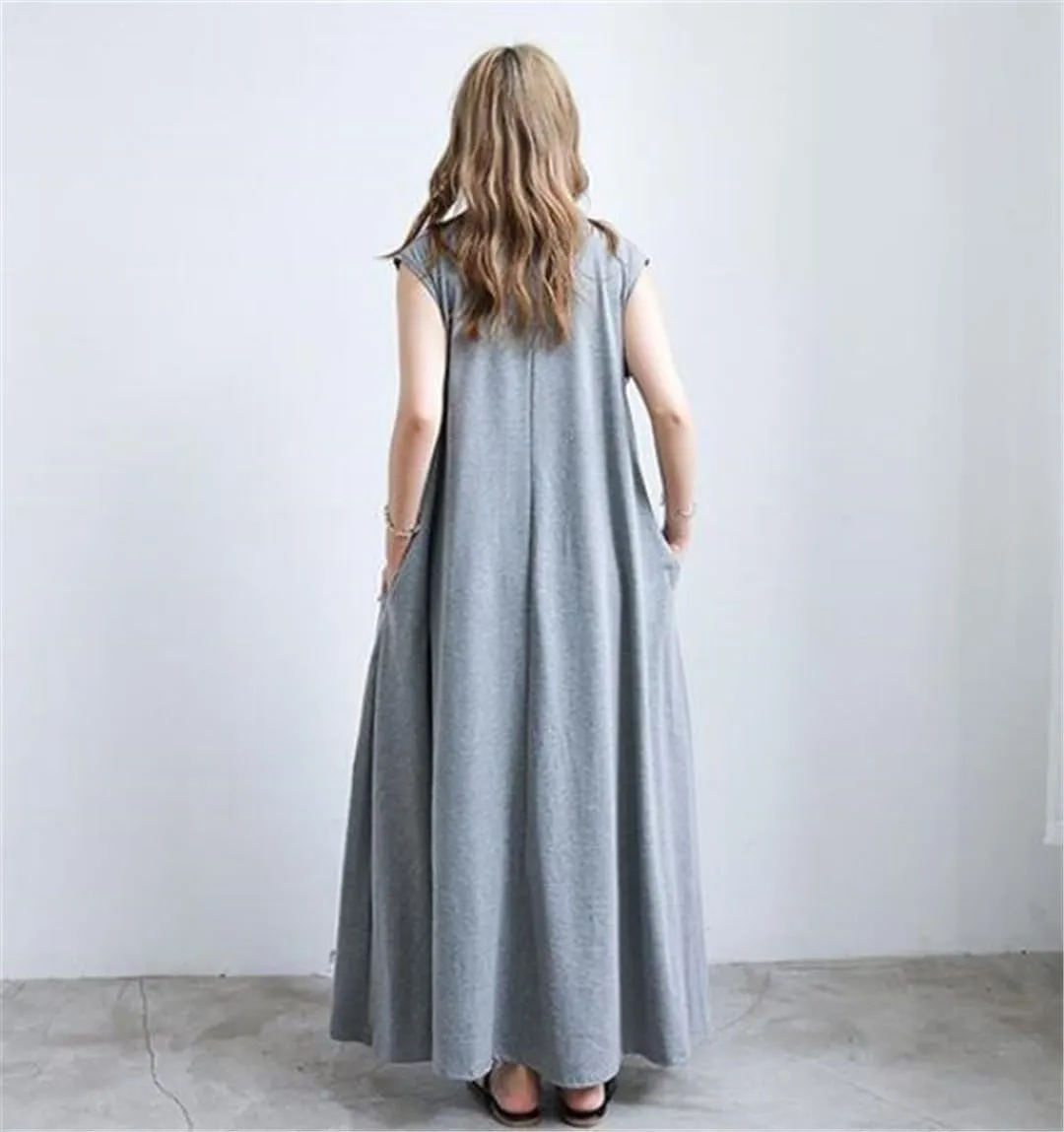 Women Black Korean Over-The-Knee Dress Short Sleeve Loose Plus Size Long Skirt Bring Pockets